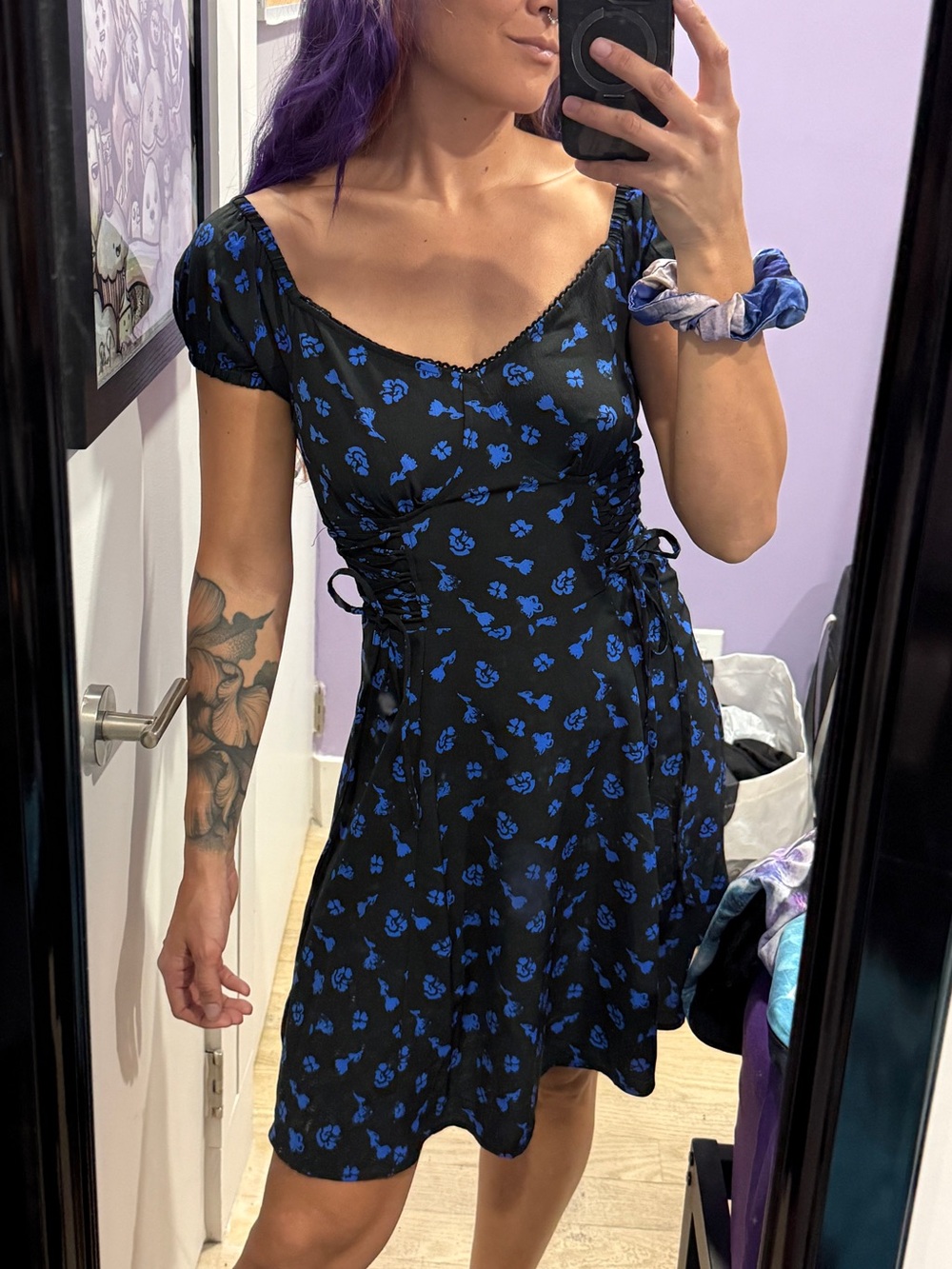 ASOS Black Mini Dress with Blue Floral Print and Lace Up Sides
